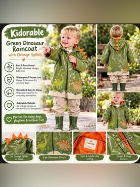 Kidorable Green Dinosaur Raincoat 3T 🦕 3D Spikes Hooded Waterproof Rain Jacket